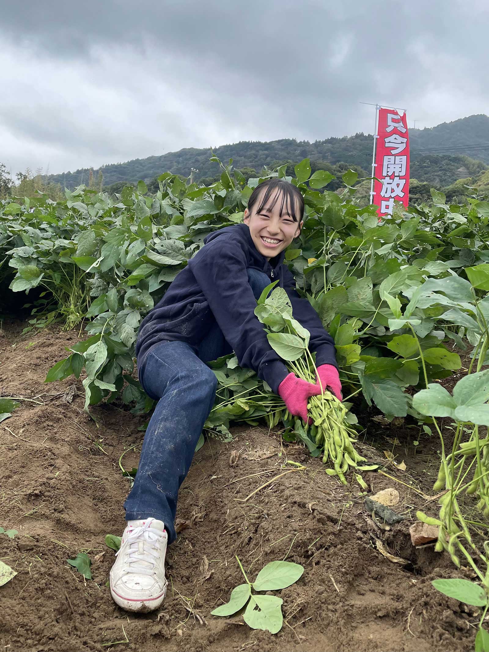 笑顔で枝豆の株を引き抜く参加者